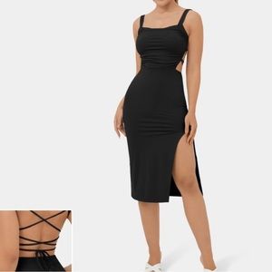 Halara Ruched Backless Crisscross Lace Up Split Bodycon Midi Dress